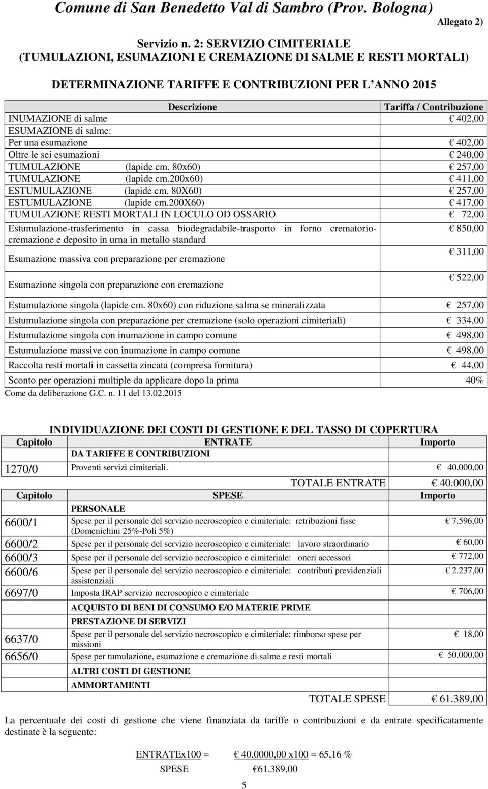 402,00 ESUMAZIONE di salme: Per una esumazione 402,00 Oltre le sei esumazioni 240,00 TUMULAZIONE (lapide cm. 80x60) 257,00 TUMULAZIONE (lapide cm.200x60) 411,00 ESTUMULAZIONE (lapide cm.