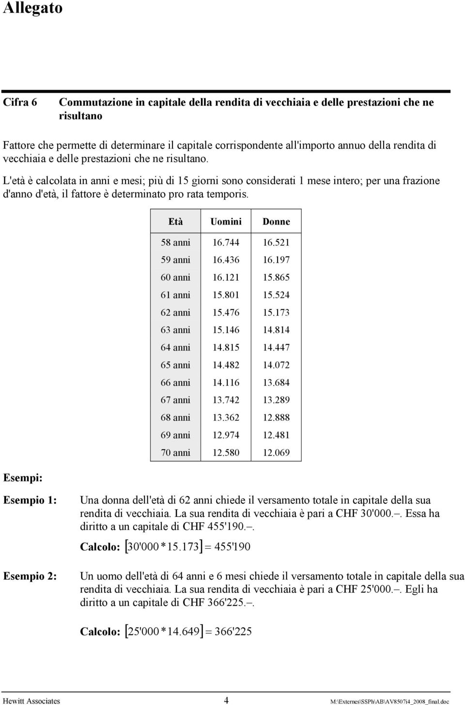 L'età è calcolata in anni e mesi; più di 15 giorni sono considerati 1 mese intero; per una frazione d'anno d'età, il fattore è determinato pro rata temporis. Esempi: Età Uomini Donne 58 anni 16.