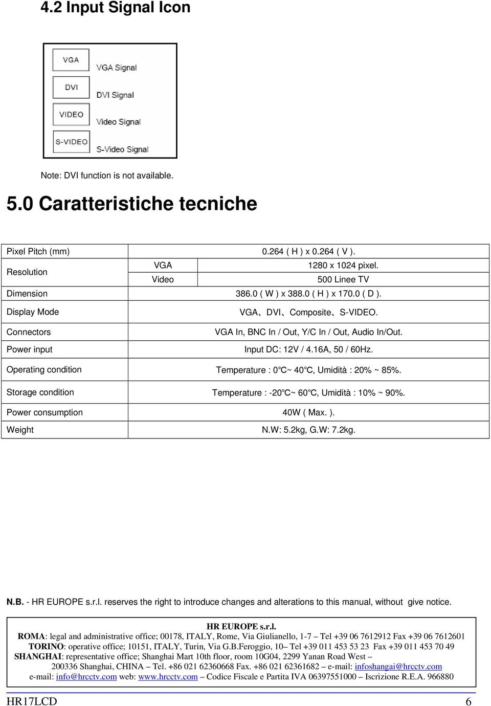 Operating condition Temperature : 0 ~ 40, Umidità : 20% ~ 85%. Storage condition Temperature : -20 ~ 60, Umidità : 10% ~ 90%. Power consumption 40W ( Max. ). Weight N.W: 5.2kg, G.W: 7.2kg. N.B.