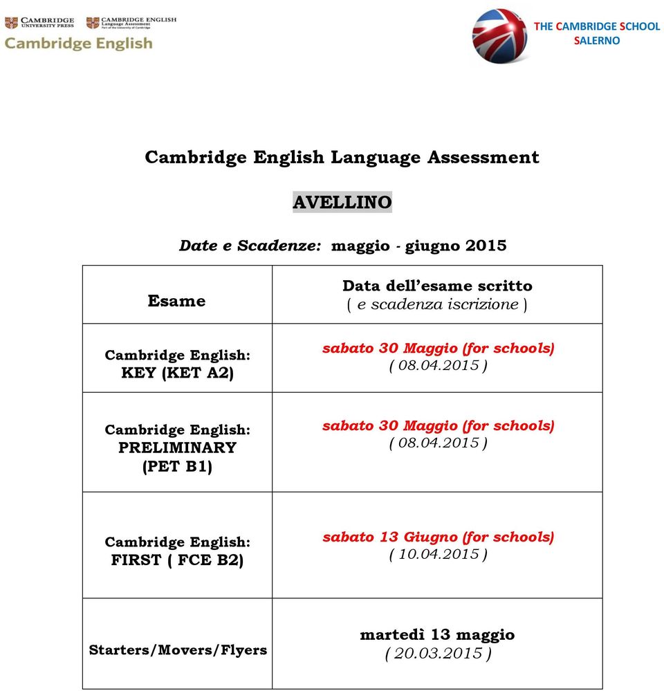 04.2015 ) PRELIMINARY (PET B1) sabato 30 Maggio (for schools) ( 08.04.2015 ) FIRST ( FCE B2) sabato 13 Giugno (for schools) ( 10.