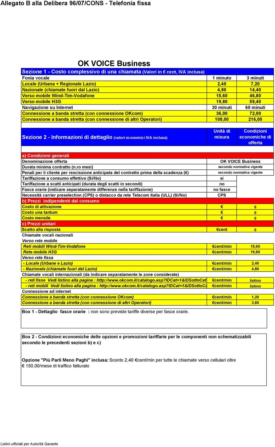 ecomiche di Deminazione OK VOICE Business secondo rmativa vigente secondo rmativa vigente si fasce CPS Costo di attivazione 0 Costo una tantum 0 Costo mensile 0 Scatto alla risposta cent 0 Reti