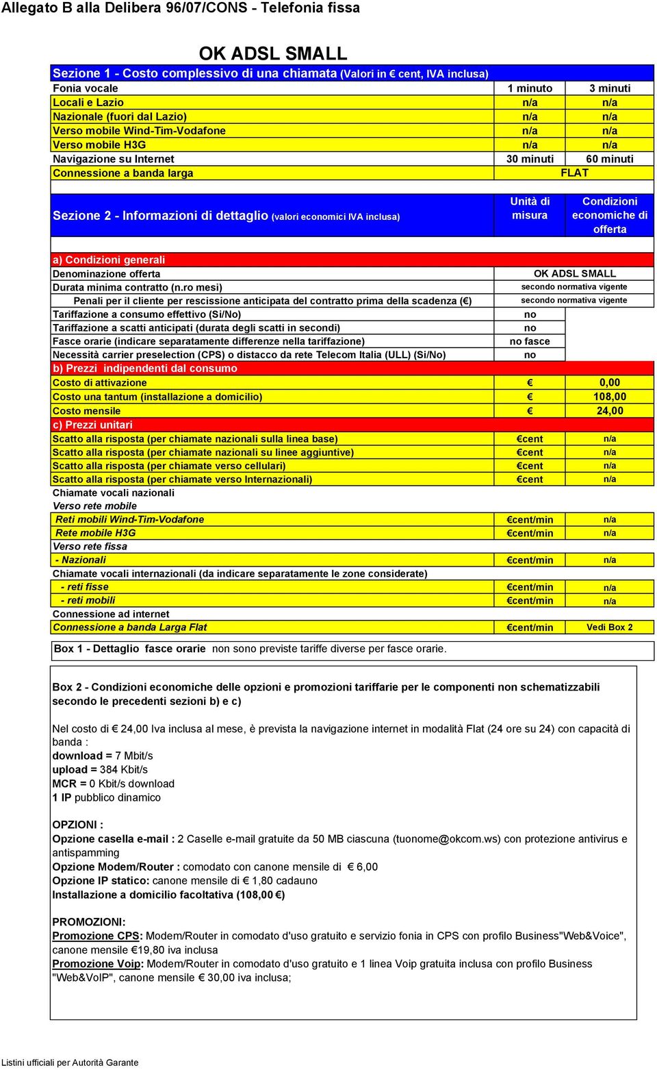 Box 2 - ecomiche delle opzioni e promozioni tariffarie per le componenti n schematizzabili Nel costo di 24,00 Iva inclusa al mese, è prevista la navigazione internet in modalità Flat (24 ore su 24)