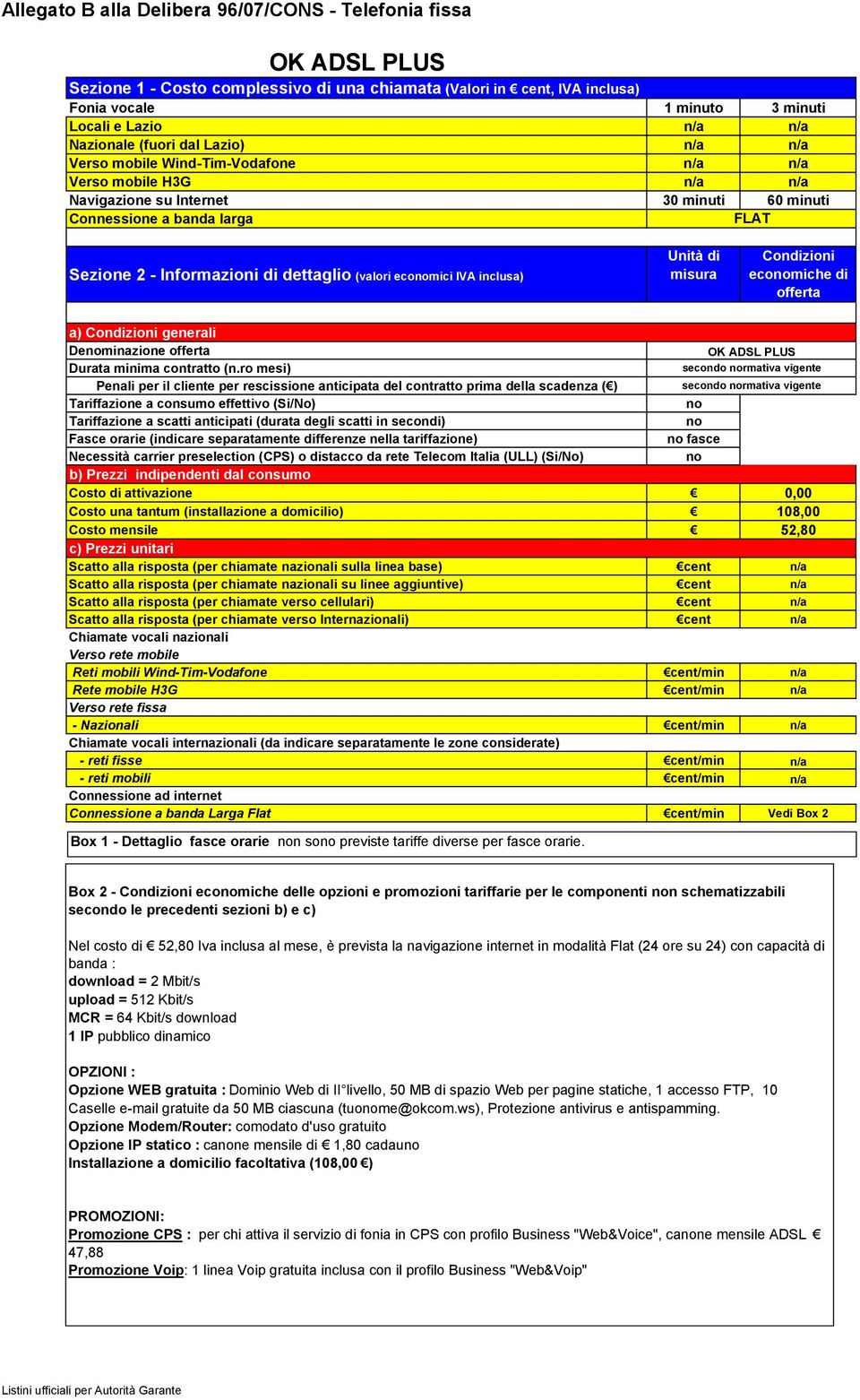 Box 2 - ecomiche delle opzioni e promozioni tariffarie per le componenti n schematizzabili Nel costo di 52,80 Iva inclusa al mese, è prevista la navigazione internet in modalità Flat (24 ore su 24)