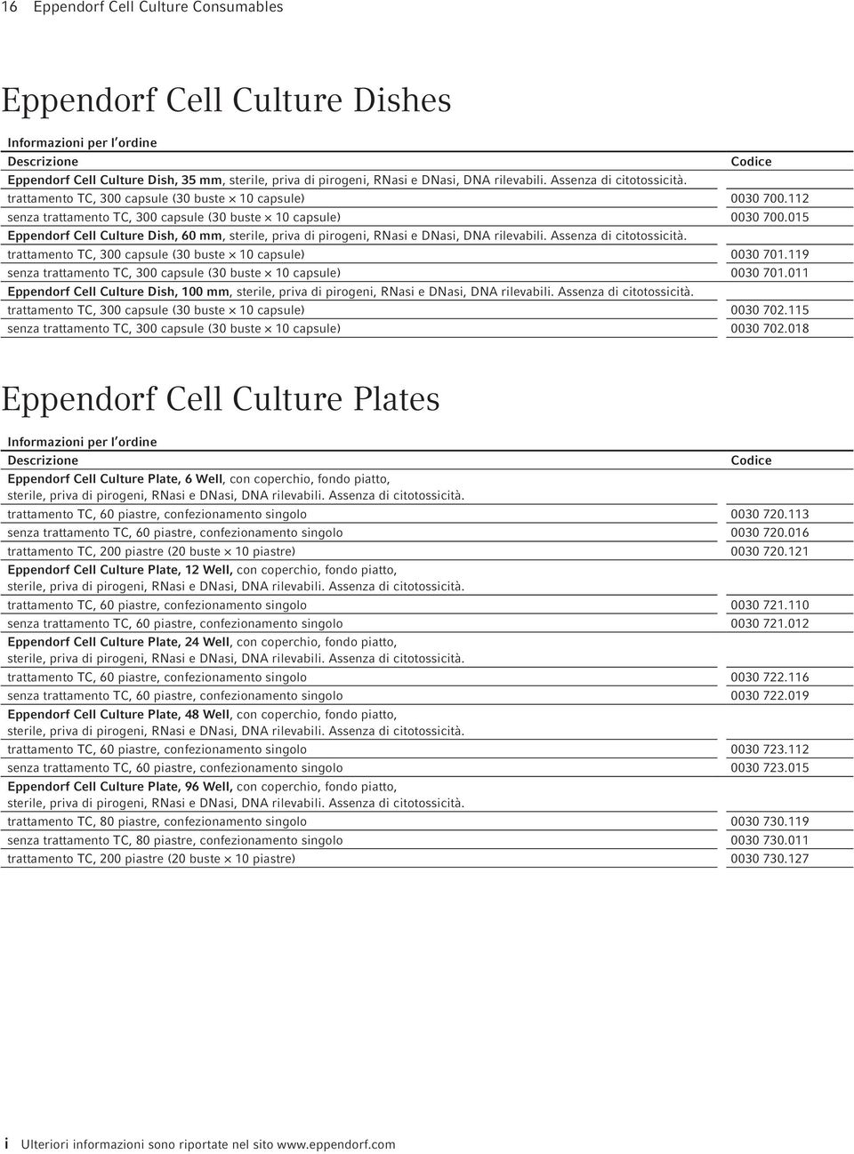 015 Eppendorf Cell Culture Dish, 60 mm, sterile, priva di pirogeni, RNasi e DNasi, DNA rilevabili. Assenza di citotossicità. trattamento TC, 300 capsule (30 buste 10 capsule) 0030 701.