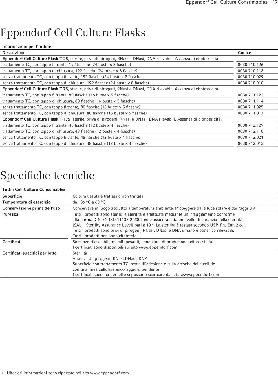 126 trattamento TC, con tappo di chiusura, 192 fiasche (24 buste 8 fiasche) 0030 710.118 senza trattamento TC, con tappo filtrante, 192 fiasche (24 buste 8 fiasche) 0030 710.