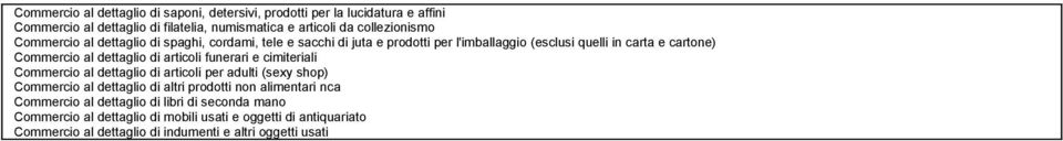 articoli funerari e cimiteriali Commercio al dettaglio di articoli per adulti (sexy shop) Commercio al dettaglio di altri prodotti non alimentari nca