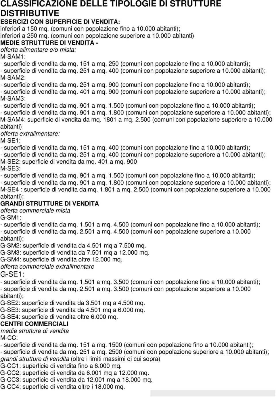 000 abitanti); - superficie di vendita da mq. 251 a mq. 400 (comuni con popolazione superiore a 10.000 abitanti); M-SAM2: - superficie di vendita da mq. 251 a mq. 900 (comuni con popolazione fino a 10.