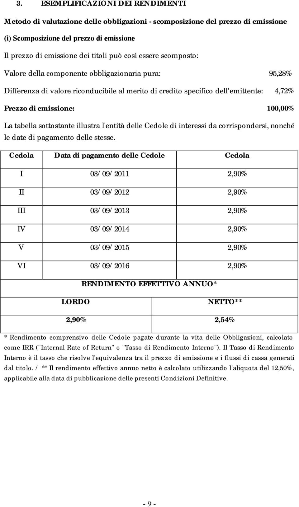 tabella sottostante illustra l'entità delle Cedole di interessi da corrispondersi, nonché le date di pagamento delle stesse.