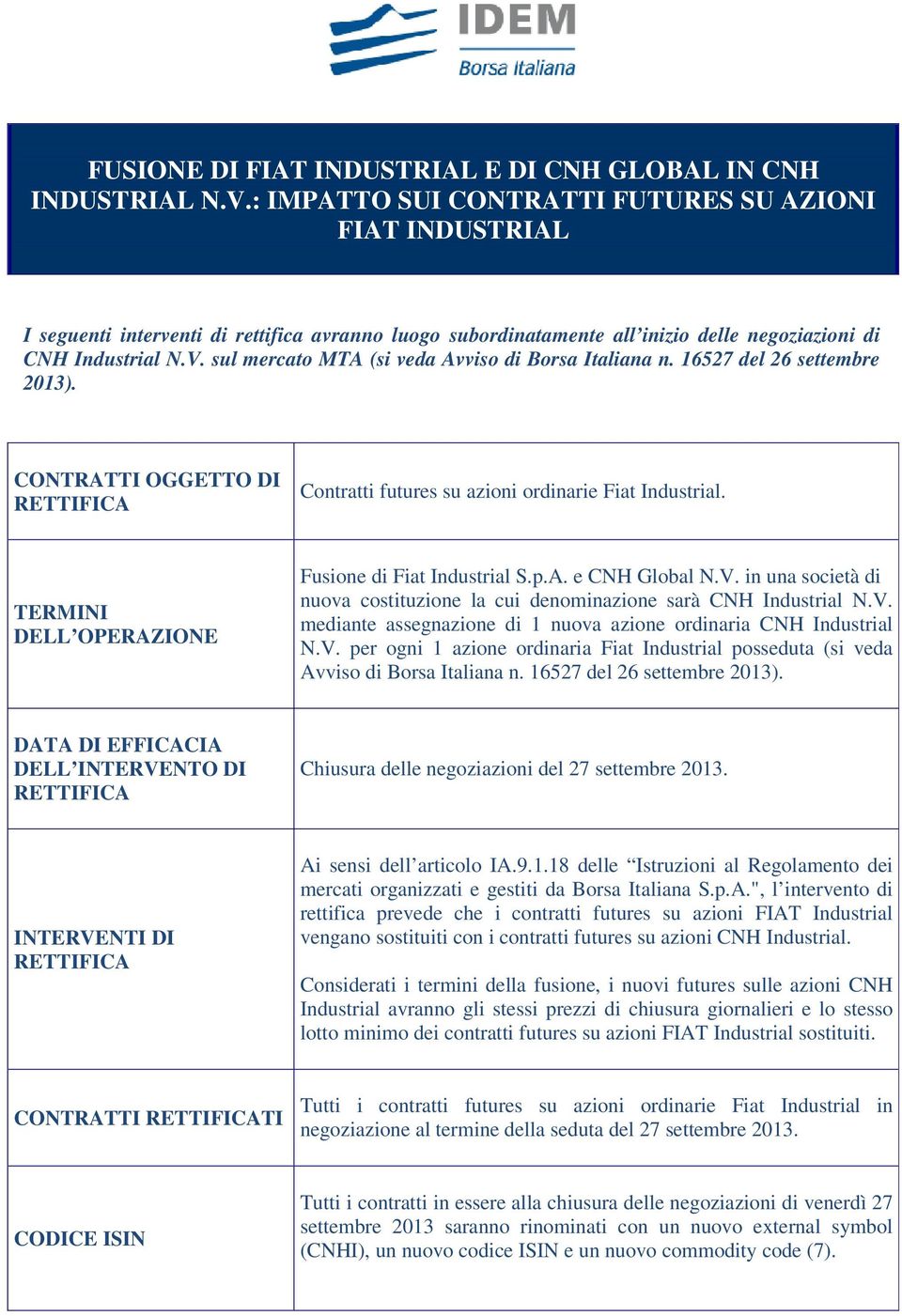 sul mercato MTA (si veda Avviso di Borsa Italiana n. 16527 del 26 settembre 2013). CONTRATTI OGGETTO DI Contratti futures su azioni ordinarie Fiat Industrial.