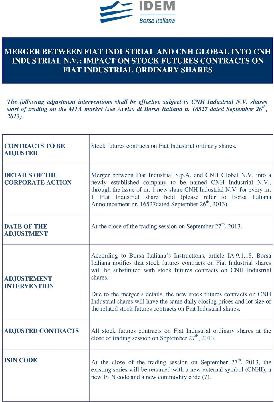 shares start of trading on the MTA market (see Avviso di Borsa Italiana n. 16527 dated September 26 th, 2013). CONTRACTS TO BE ADJUSTED Stock futures contracts on Fiat Industrial ordinary shares.