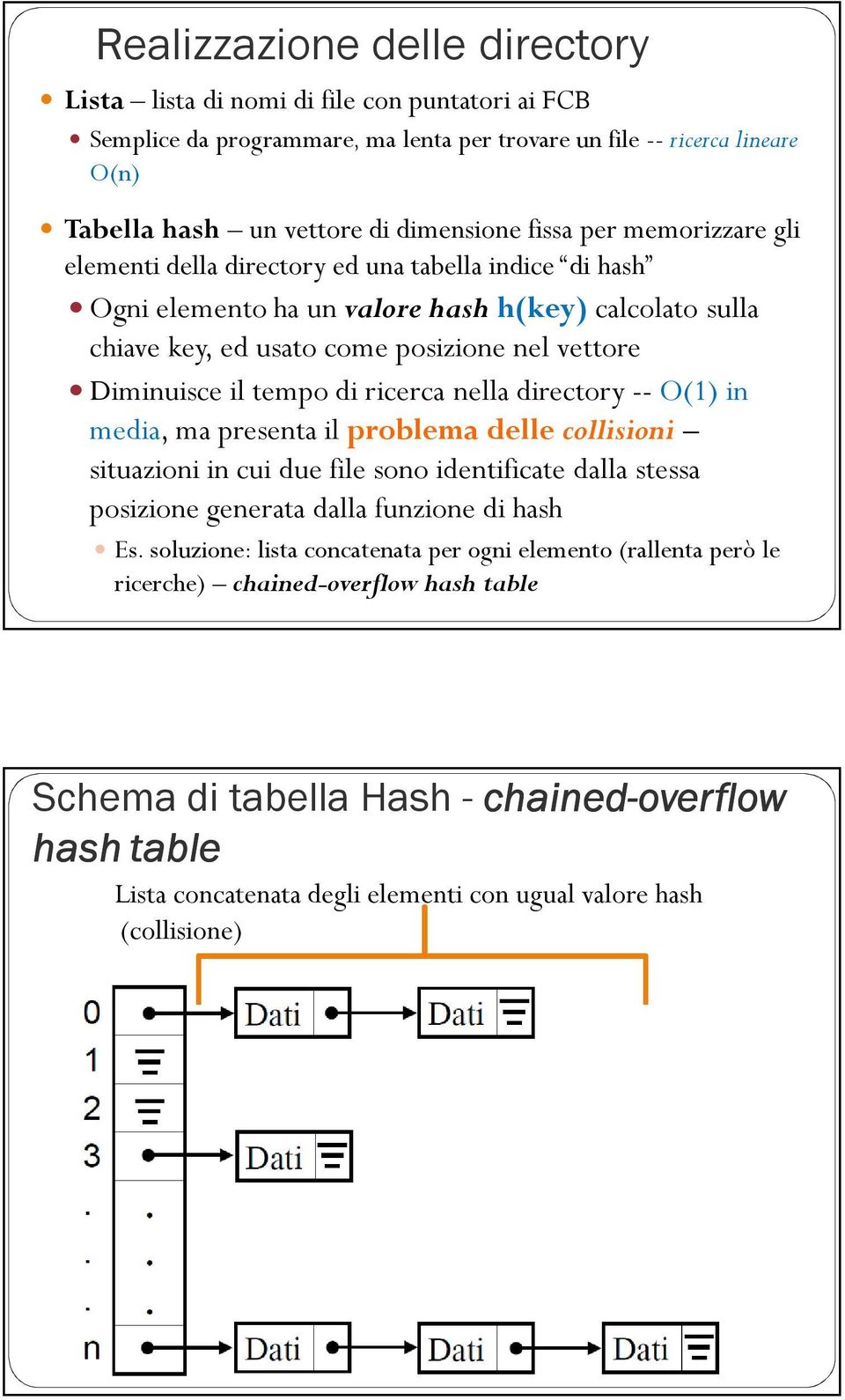 tempo di ricerca nella directory -- O(1) in media, ma presenta il problema delle collisioni situazioni in cui due file sono identificate dalla stessa posizione generata dalla funzione di hash Es.