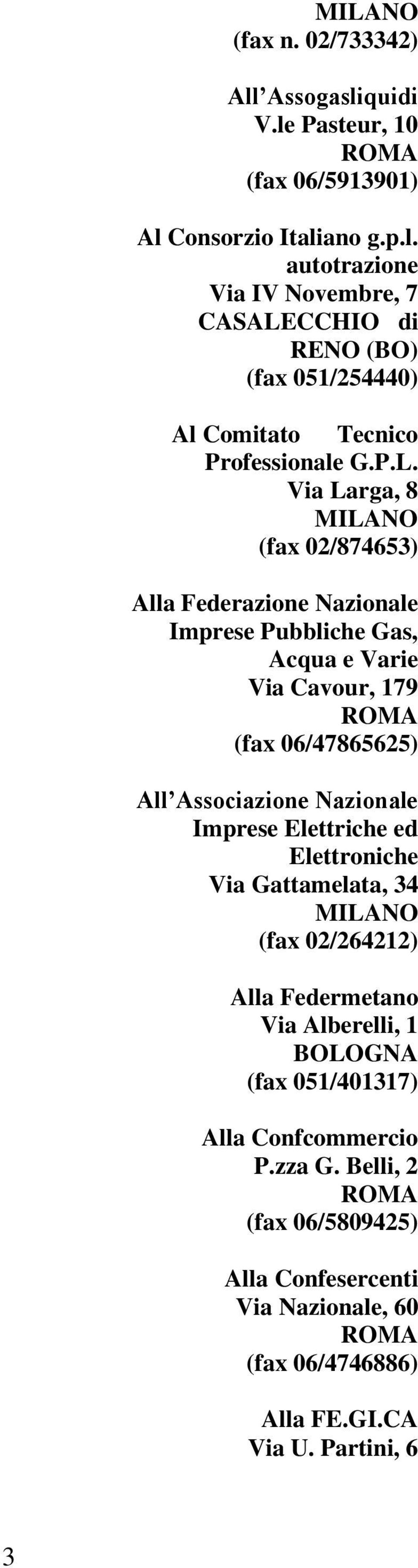 Imprese Elettriche ed Elettroniche Via Gattamelata, 34 (fax 02/264212) Alla Federmetano Via Alberelli, 1 BOLOGNA (fax 051/401317) Alla Confcommercio P.zza G.