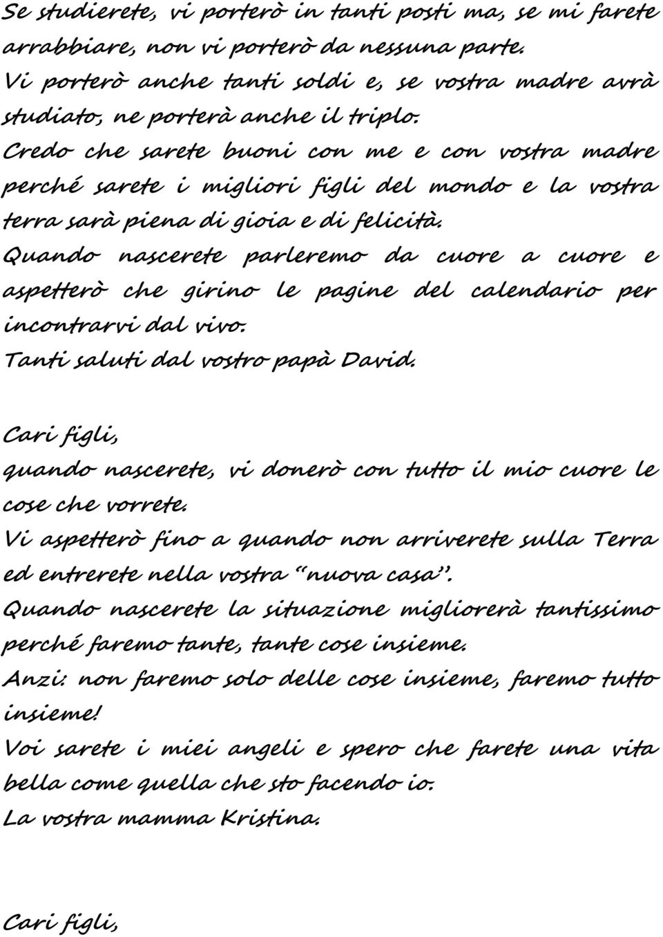 Quando nascerete parleremo da cuore a cuore e aspetterò che girino le pagine del calendario per incontrarvi dal vivo. Tanti saluti dal vostro papà David.