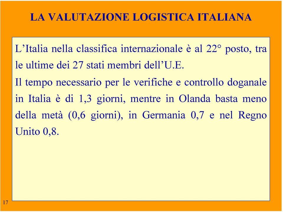 Il tempo necessario per le verifiche e controllo doganale in Italia è di 1,3