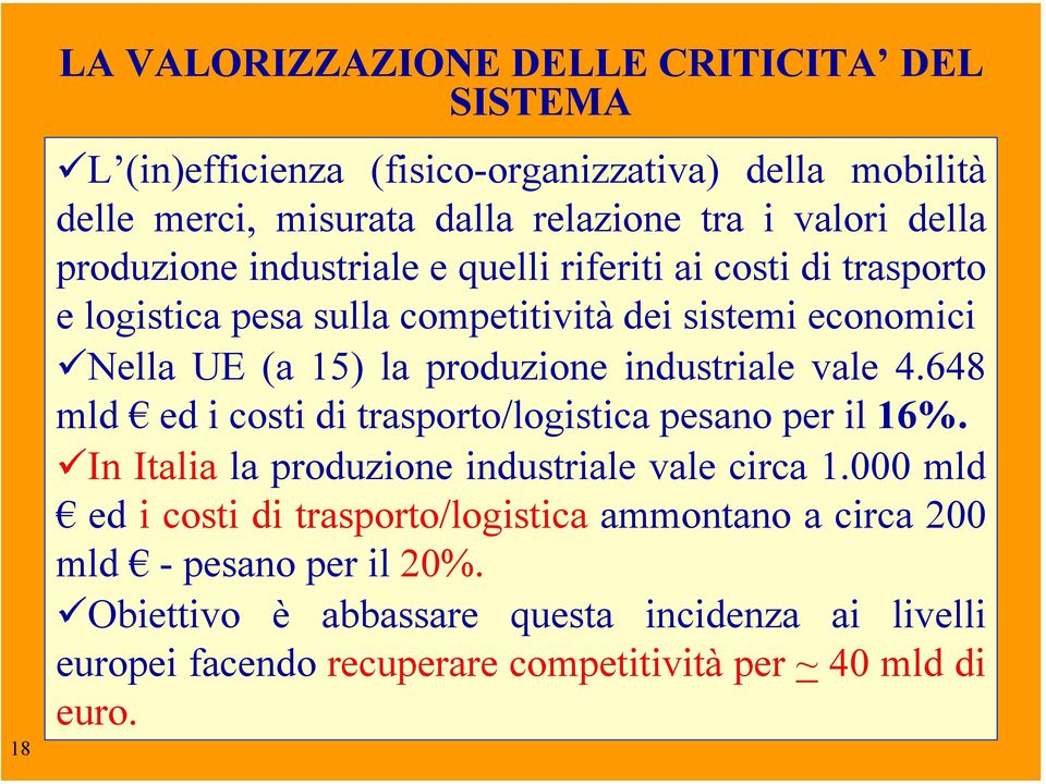 industriale vale 4.648 mld ed i costi di trasporto/logistica pesano per il 16%. In Italia la produzione industriale vale circa 1.