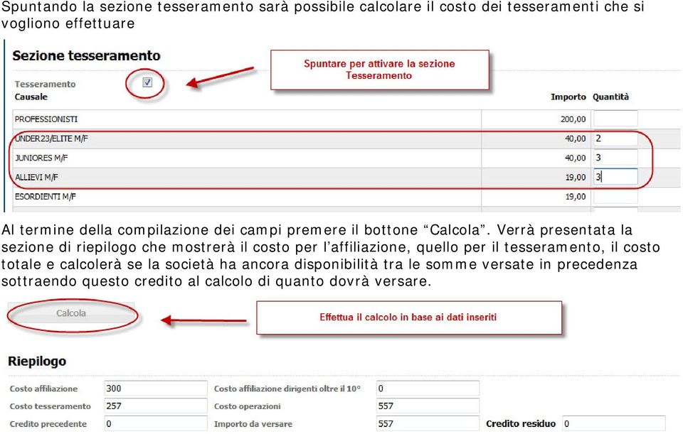 Verrà presentata la sezione di riepilogo che mostrerà il costo per l affiliazione, quello per il tesseramento, il