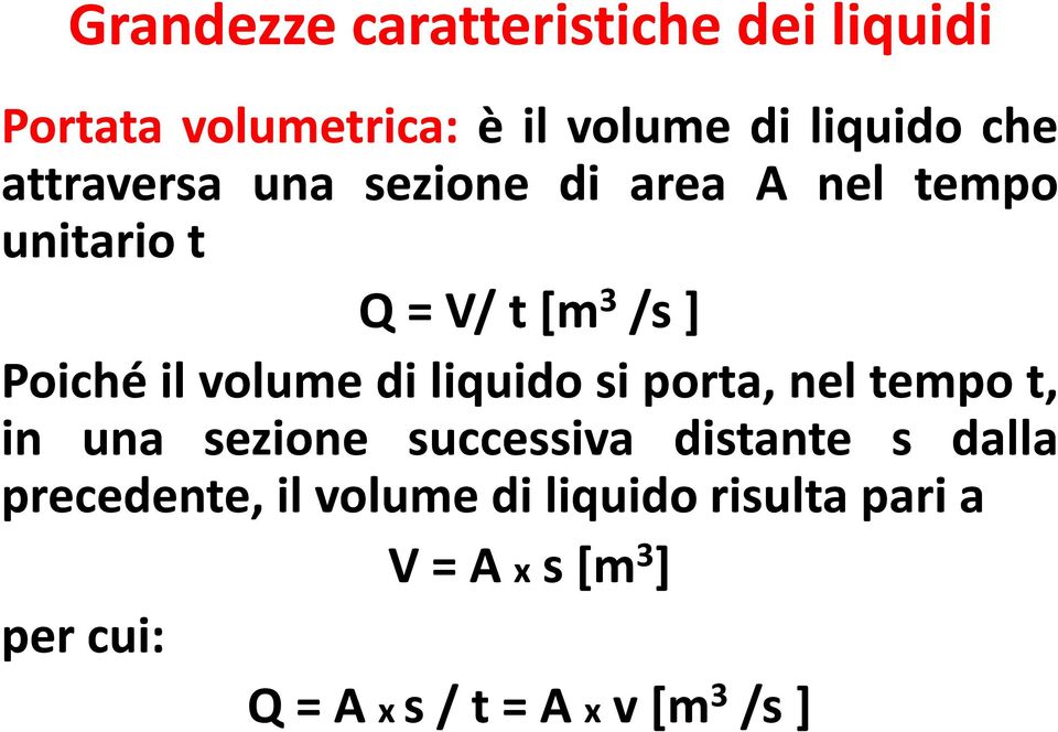 volume di liquido si porta, nel tempo t, in una sezione successiva distante s dalla