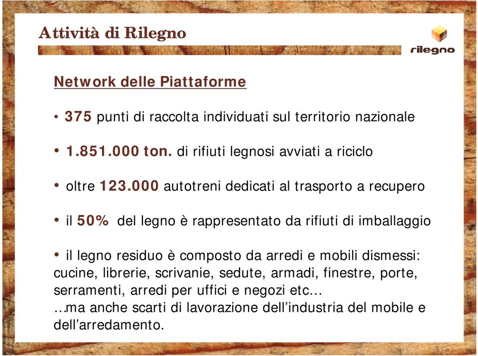 000 autotreni dedicati al trasporto a recupero il 50% del legno è rappresentato da rifiuti di imballaggio il legno residuo è