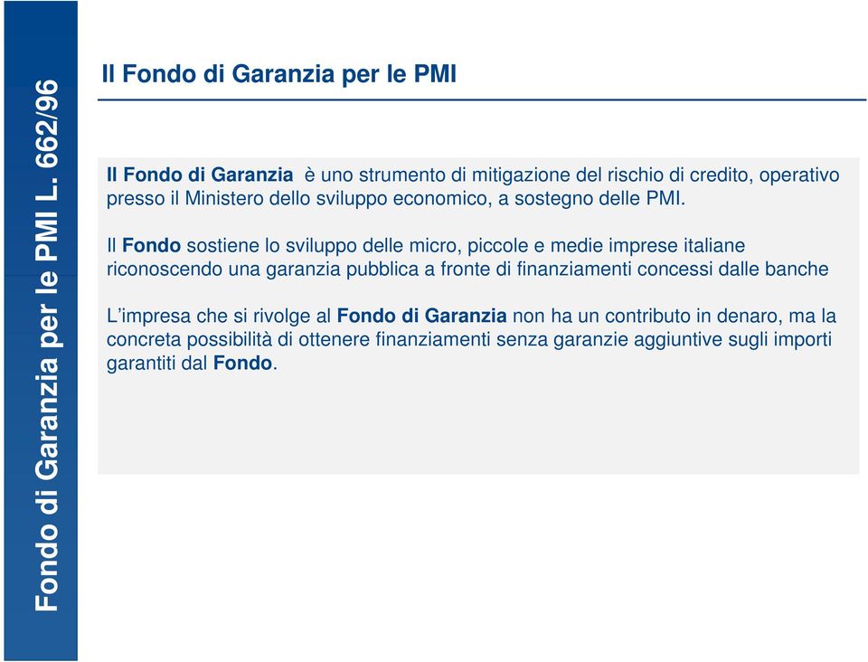 Il Fondo sostiene lo sviluppo delle micro, piccole e medie imprese italiane riconoscendo una garanzia pubblica a fronte di