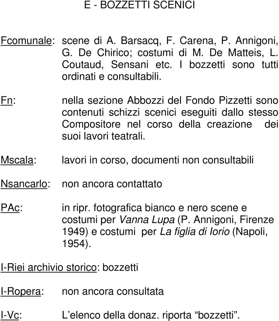 Fn: Mscala: Nsancarlo: PAc: nella sezione Abbozzi del Fondo Pizzetti sono contenuti schizzi scenici eseguiti dallo stesso Compositore nel corso della creazione dei suoi