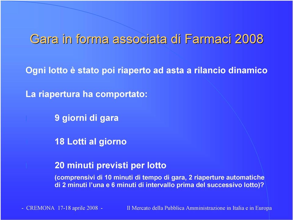 20 minuti previsti per lotto (comprensivi di 10 minuti di tempo di gara, 2