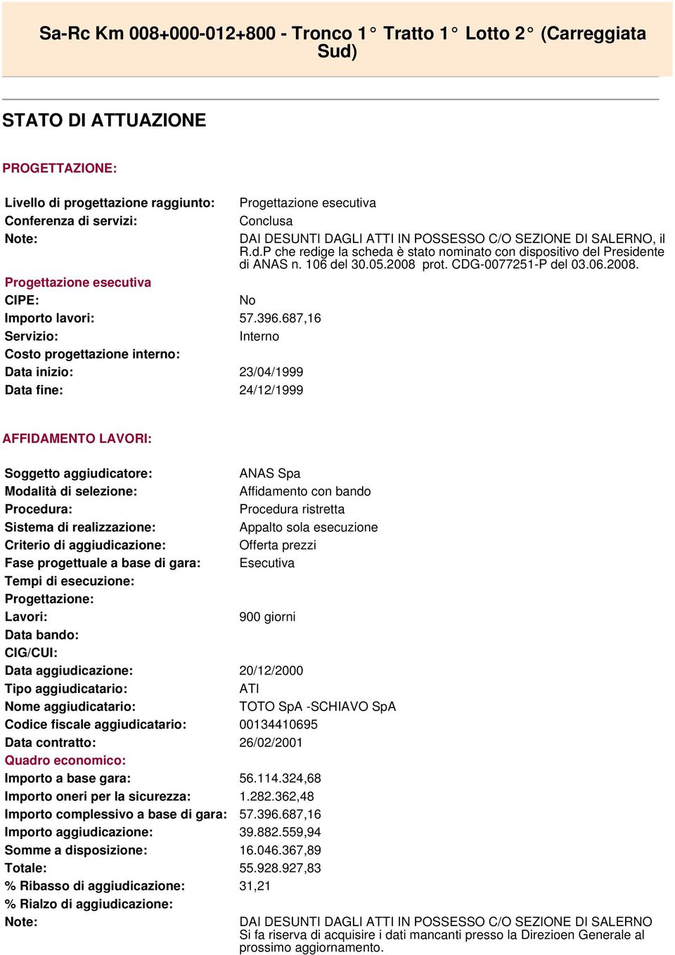 prot. CDG-0077251-P del 03.06.2008. Progettazione esecutiva CIPE: No Importo lavori: 57.396.