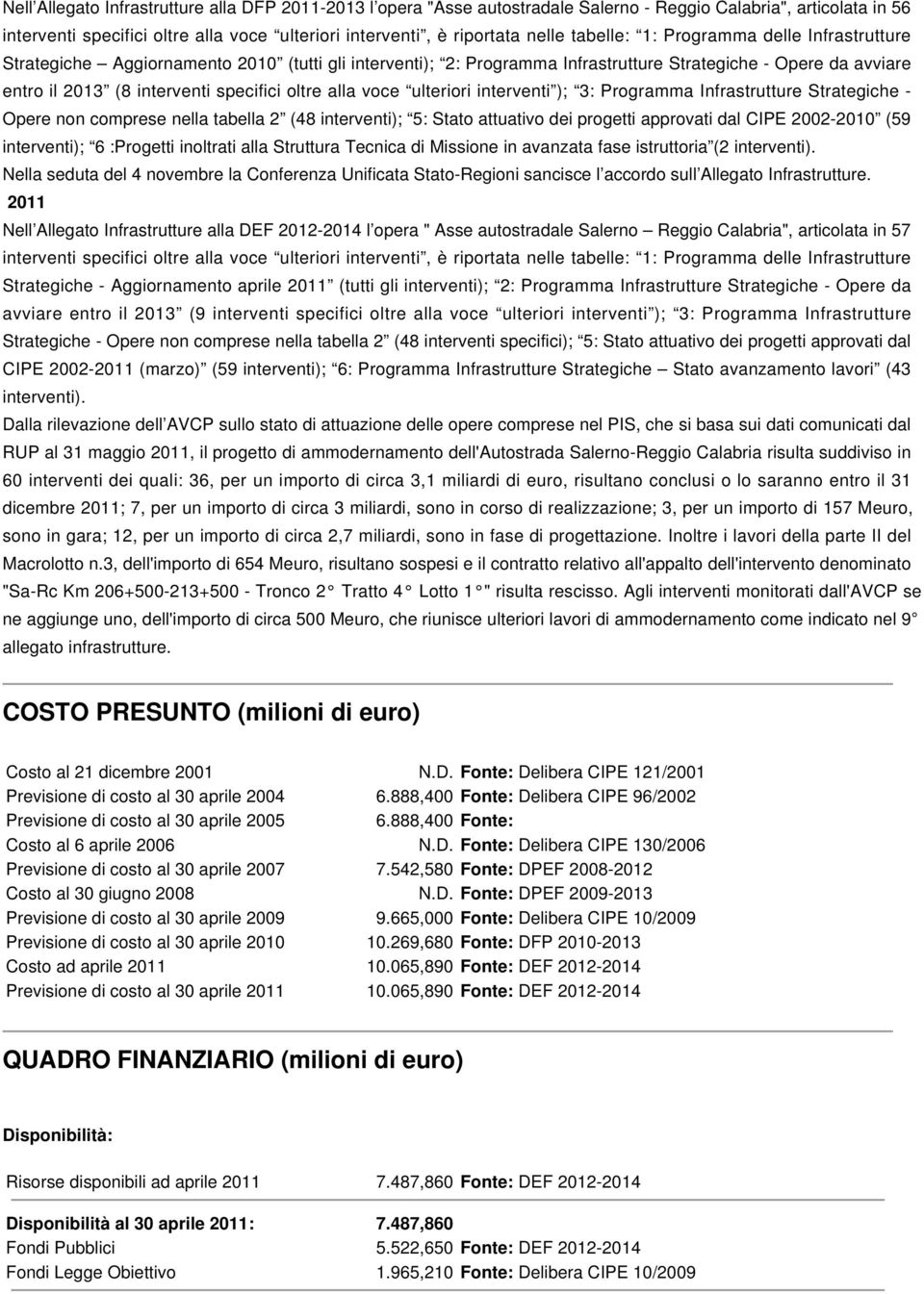 oltre alla voce ulteriori interventi ); 3: Programma Infrastrutture Strategiche - Opere non comprese nella tabella 2 (48 interventi); 5: Stato attuativo dei progetti approvati dal CIPE 2002-2010 (59