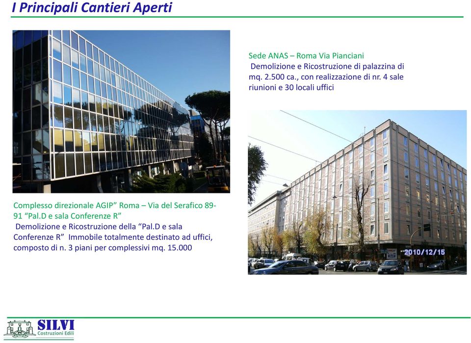 4 sale riunioni e 30 locali uffici Complesso direzionale AGIP Roma Via del Serafico 89-91 Pal.