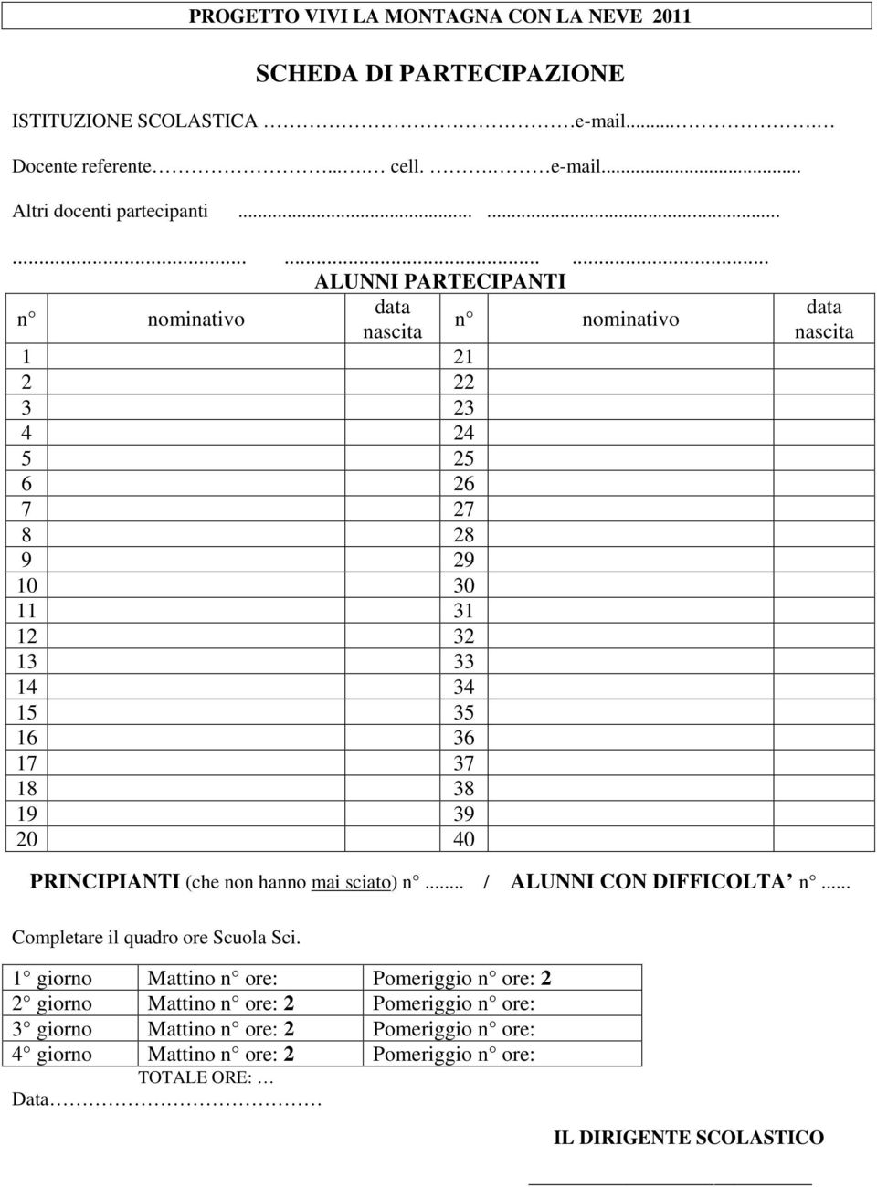 19 39 20 40 data nascita PRINCIPIANTI (che non hanno mai sciato) n... / ALUNNI CON DIFFICOLTA n... Completare il quadro ore Scuola Sci.