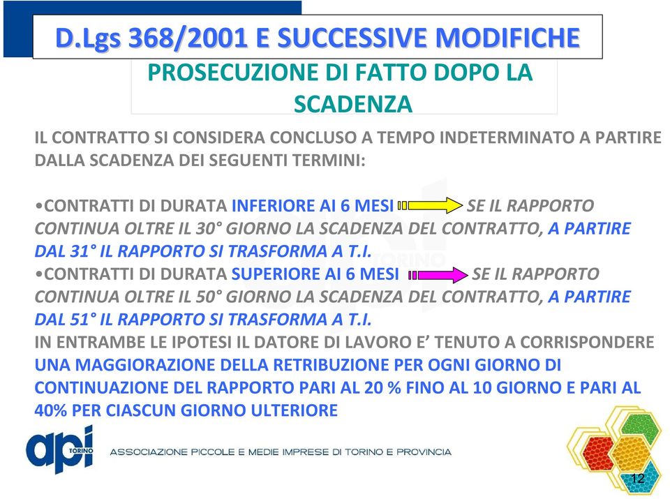 I. IN ENTRAMBE LE IPOTESI IL DATORE DI LAVORO E TENUTO A CORRISPONDERE UNA MAGGIORAZIONE DELLA RETRIBUZIONE PER OGNI GIORNO DI CONTINUAZIONE DEL RAPPORTO PARI AL 20 % FINO