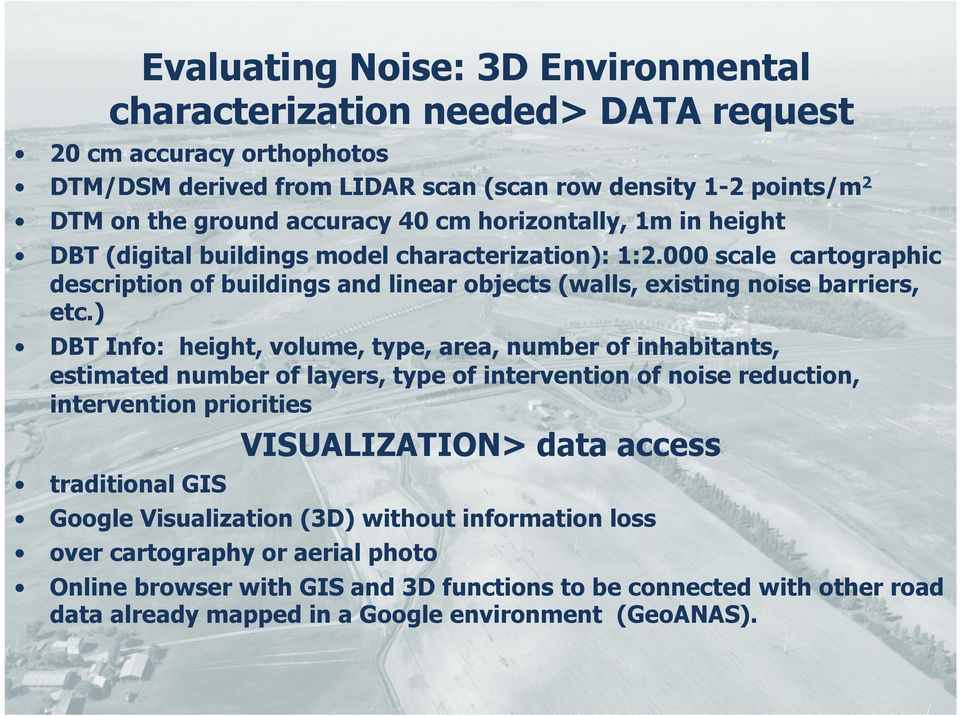 ) DBT Info: height, volume, type, area, number of inhabitants, estimated number of layers, type of intervention of noise reduction, intervention priorities VISUALIZATION> data access traditional