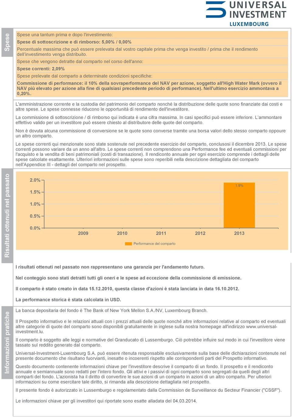 Spese che vengono detratte dal comparto nel corso dell'anno: Spese correnti: 2,09% Spese prelevate dal comparto a determinate condizioni specifiche: Commissione di performance: il 10% della