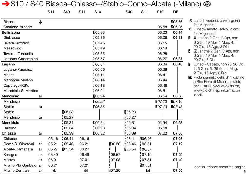 36 ƒ Melide i 06.11 06.41 ƒ Maroggia-Melano i 06.14 06.44 ƒ Capolago-RSV. i 06.18 06.48 ƒ Mendrisio S. Martino i 06.21 06.51 ƒ Mendrisio ar #06.24 06.54 06.58 Mendrisio "06.33 "07.10 "07.