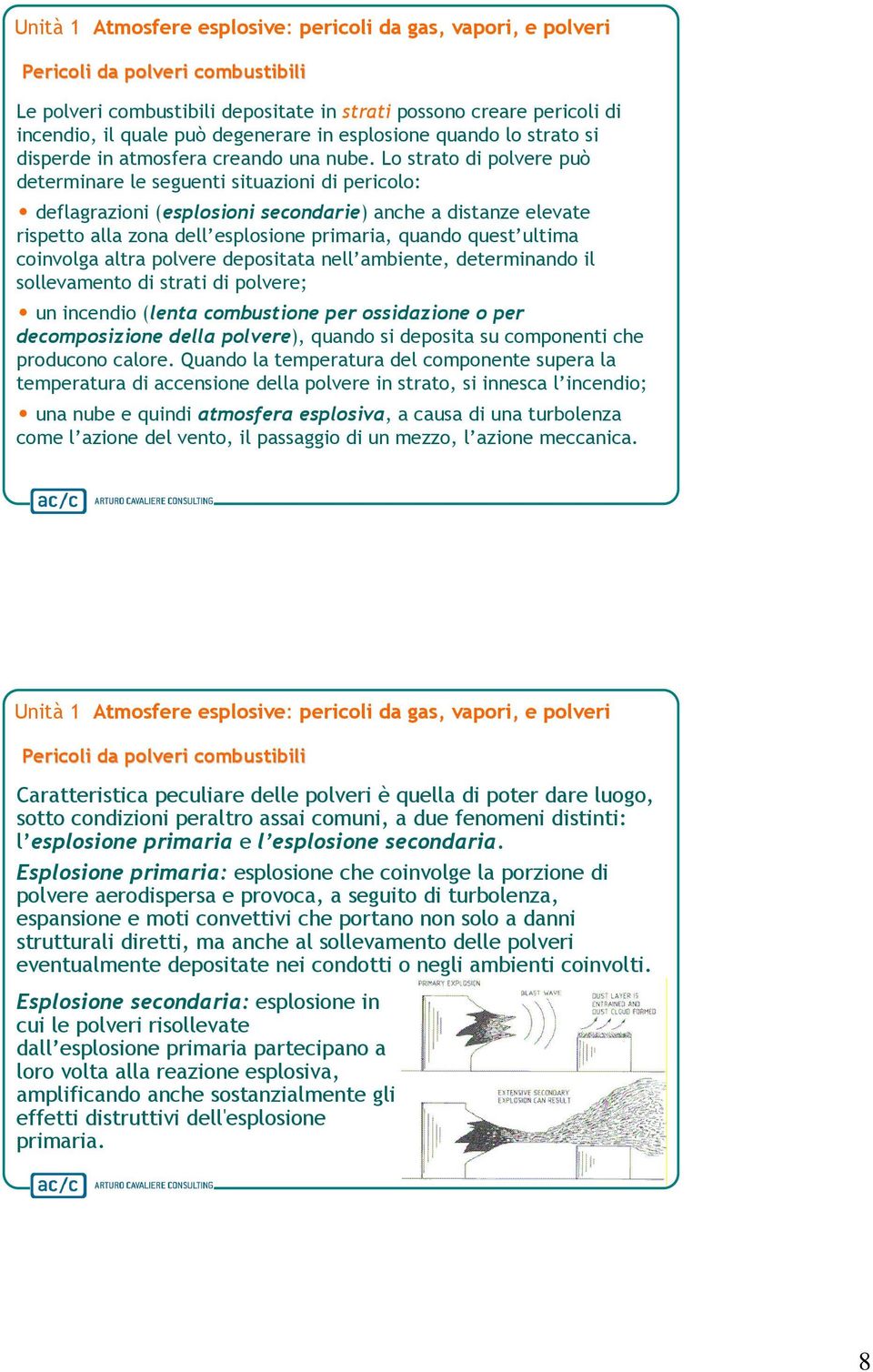 Lo strato di polvere può determinare le seguenti situazioni di pericolo: deflagrazioni (esplosioni secondarie) anche a distanze elevate rispetto alla zona dell esplosione primaria, quando quest