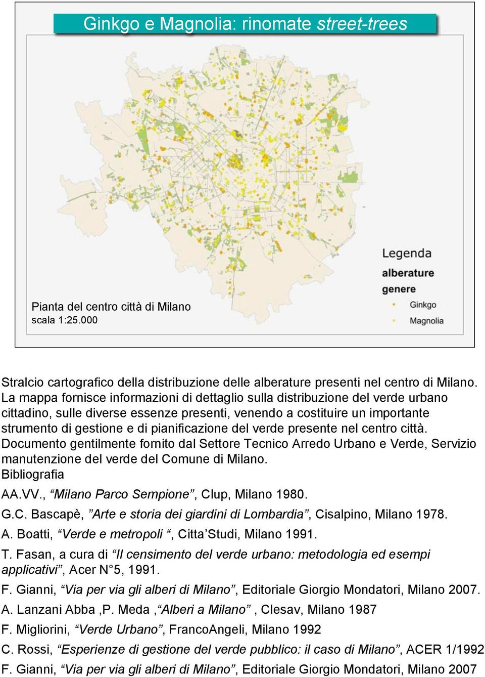 pianificazione del verde presente nel centro città. Documento gentilmente fornito dal Settore Tecnico Arredo Urbano e Verde, Servizio manutenzione del verde del Comune di Milano. Bibliografia AA.VV.