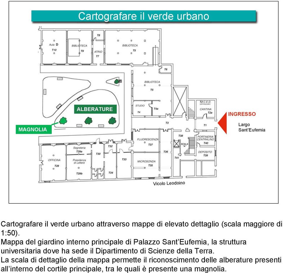 Mappa del giardino interno principale di Palazzo Sant Eufemia, la struttura universitaria dove ha sede il Dipartimento di