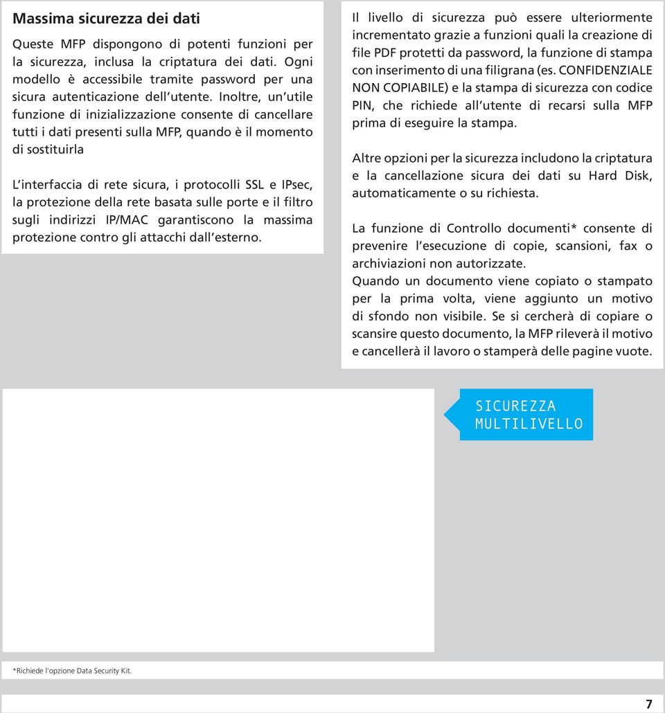 Inoltre, un utile funzione di inizializzazione consente di cancellare tutti i dati presenti sulla MFP, quando è il momento di sostituirla L interfaccia di rete sicura, i protocolli SSL e IPsec, la