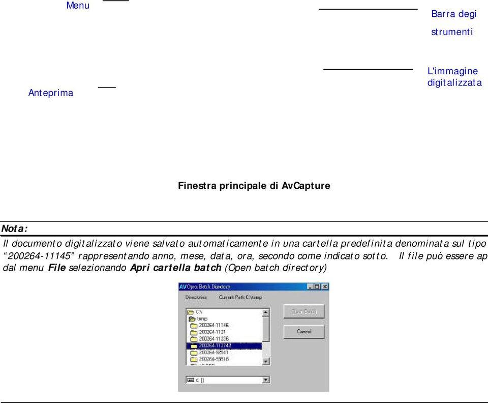 Menu Barra degi strumenti Anteprima L'immagine digitalizzata Finestra principale di AvCapture Nota: Il documento digitalizzato viene salvato automaticamente in