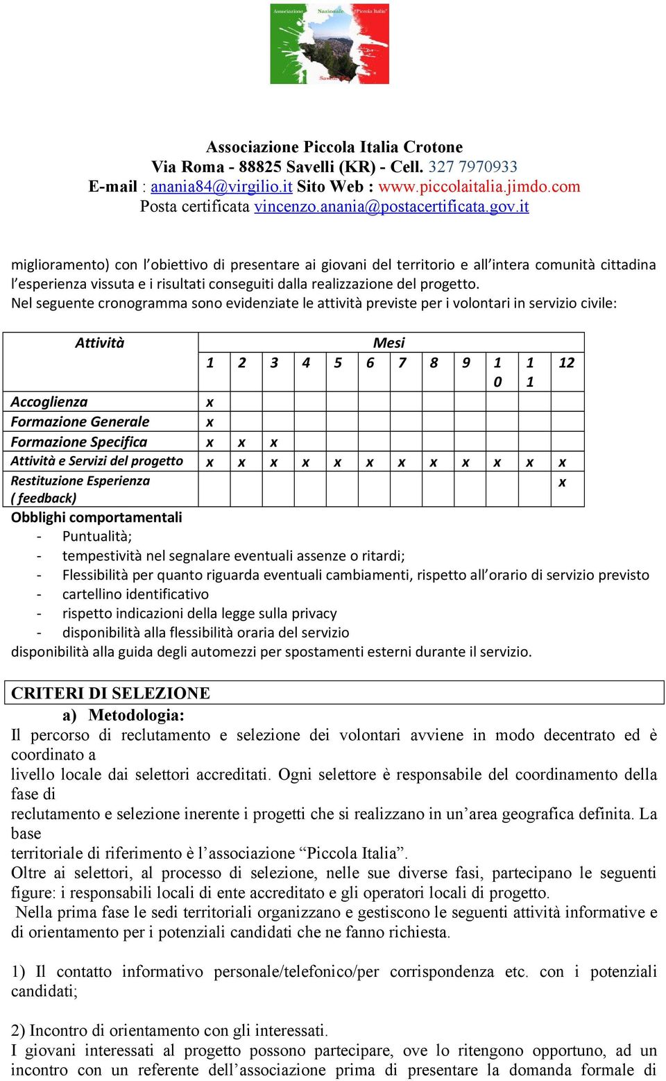 Attività e Servizi del progetto x x x x x x x x x x x x Restituzione Esperienza x ( feedback) Obblighi comportamentali - Puntualità; - tempestività nel segnalare eventuali assenze o ritardi; -