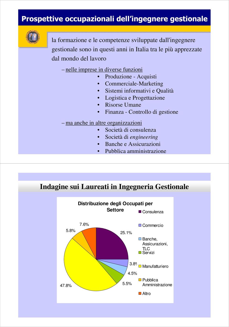 di gestione ma anche in altre organizzazioni Società di consulenza Società di engineering Banche e Assicurazioni Pubblica amministrazione Indagine sui Laureati in Ingegneria