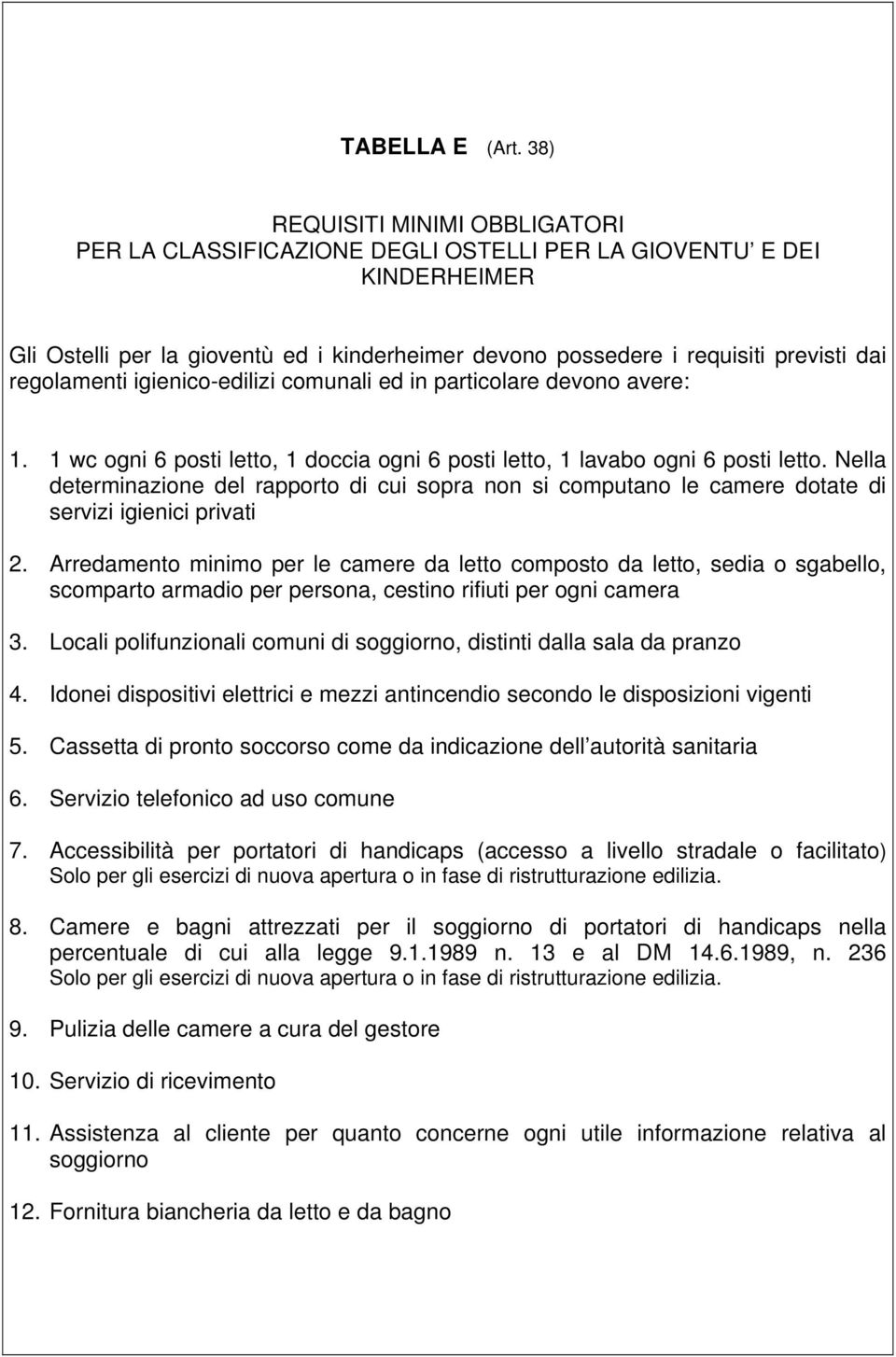 comunali ed in particolare devono avere: 1. 1 wc ogni 6 posti letto, 1 doccia ogni 6 posti letto, 1 lavabo ogni 6 posti letto.