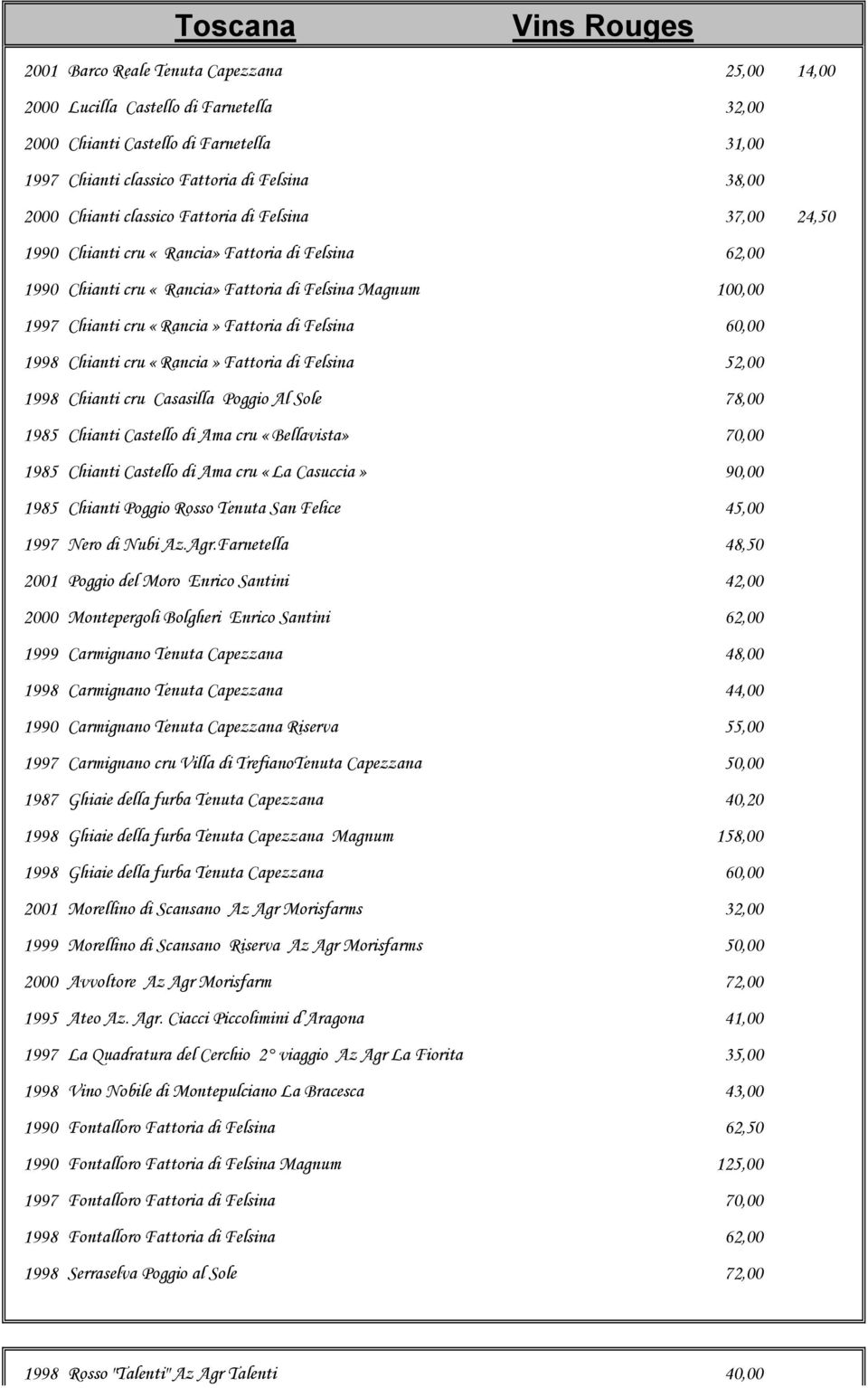 Fattoria di Felsina 60,00 1998 Chianti cru «Rancia» Fattoria di Felsina 52,00 1998 Chianti cru Casasilla Poggio Al Sole 78,00 1985 Chianti Castello di Ama cru «Bellavista» 70,00 1985 Chianti Castello