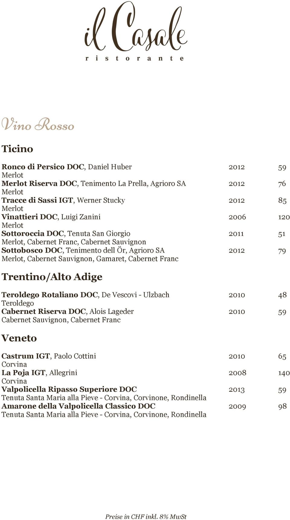 Teroldego Rotaliano DOC, De Vescovi - Ulzbach 2010 48 Teroldego Cabernet Riserva DOC, Alois Lageder 2010 59 Cabernet Sauvignon, Cabernet Franc Veneto Castrum IGT, Paolo Cottini 2010 65 Corvina La