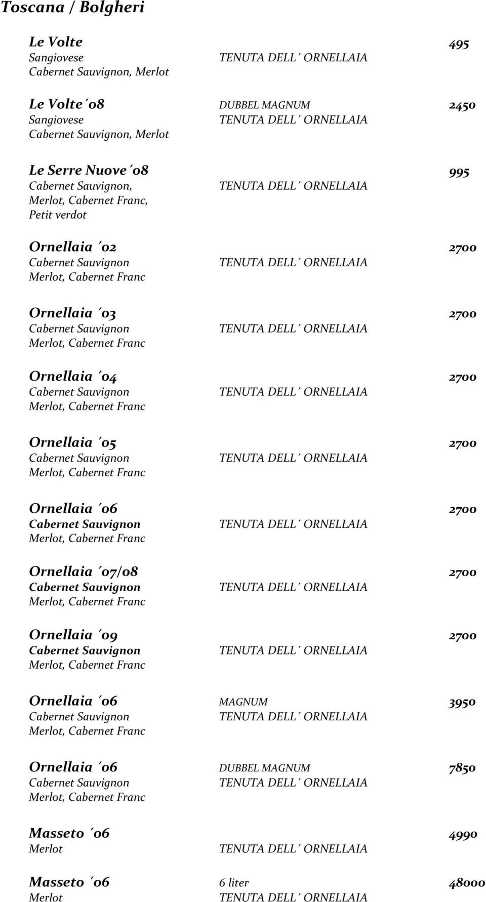 Ornellaia 05 2700 Cabernet Sauvignon Merlot, Cabernet Franc Ornellaia 06 2700 Cabernet Sauvignon Merlot, Cabernet Franc Ornellaia 07/08 2700 Cabernet Sauvignon Merlot, Cabernet Franc Ornellaia 09