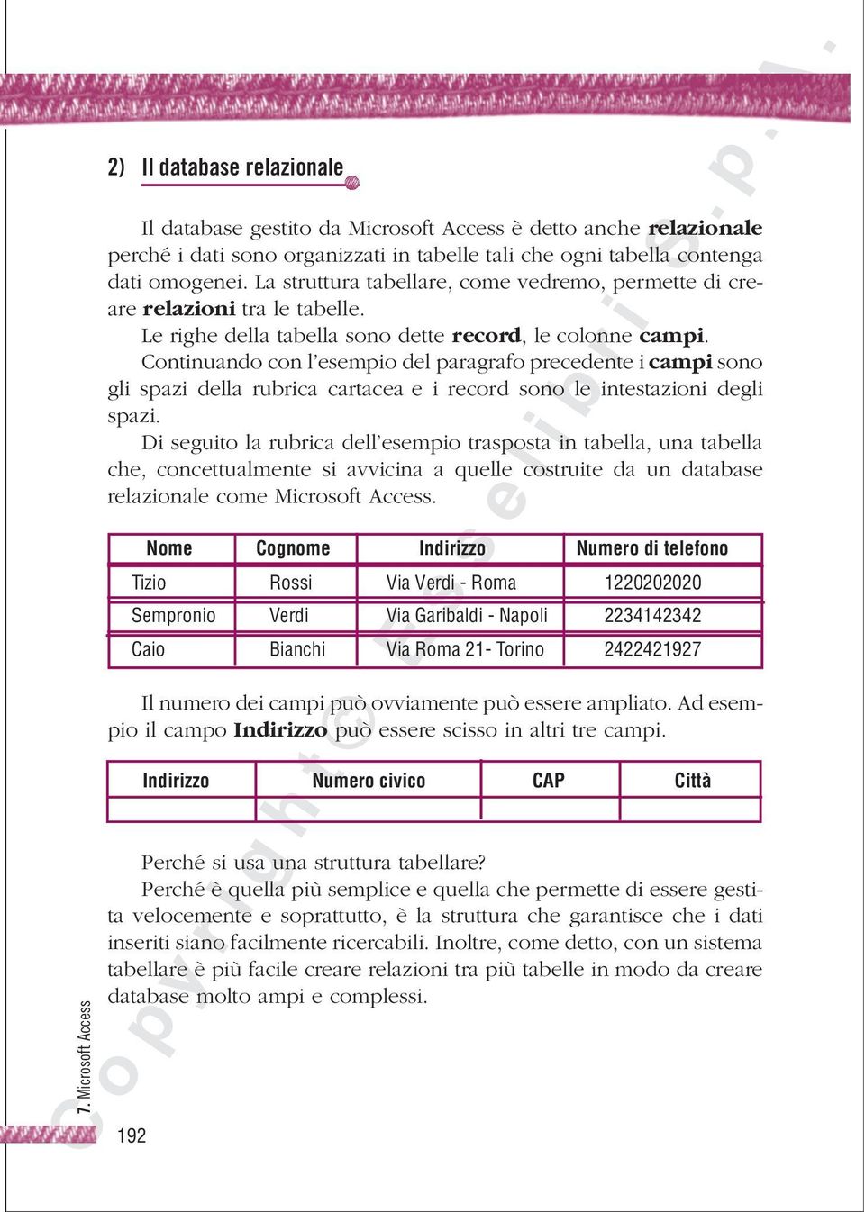 Continuando con l esempio del paragrafo precedente i campi sono gli spazi della rubrica cartacea e i record sono le intestazioni degli spazi.