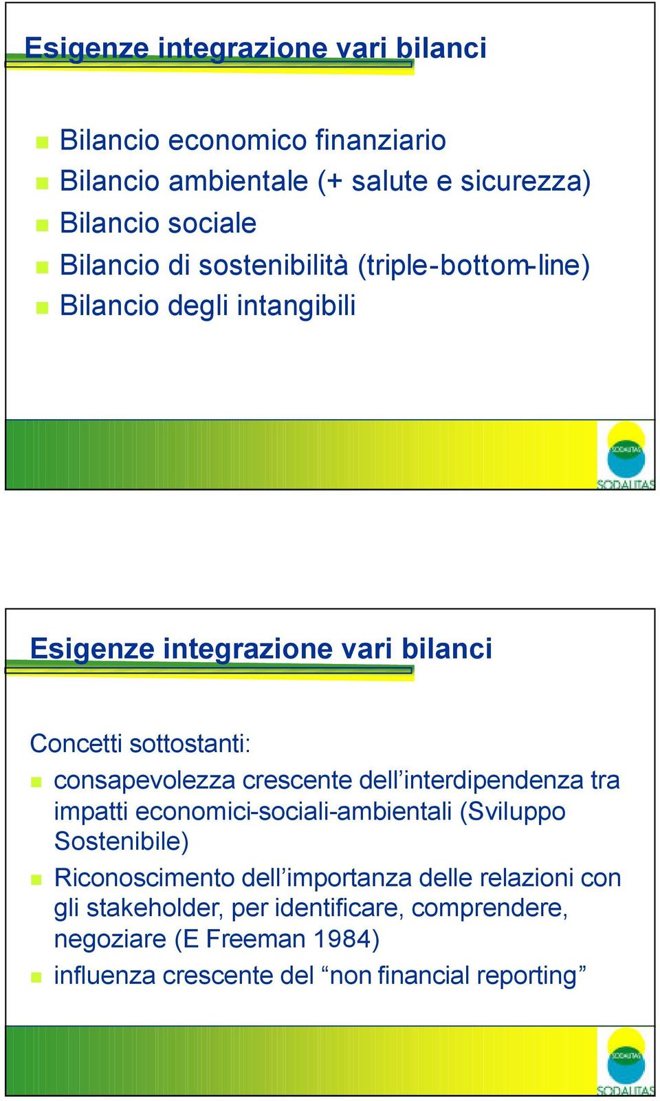 consapevolezza crescente dell interdipendenza tra impatti economici-sociali-ambientali (Sviluppo Sostenibile) Riconoscimento dell