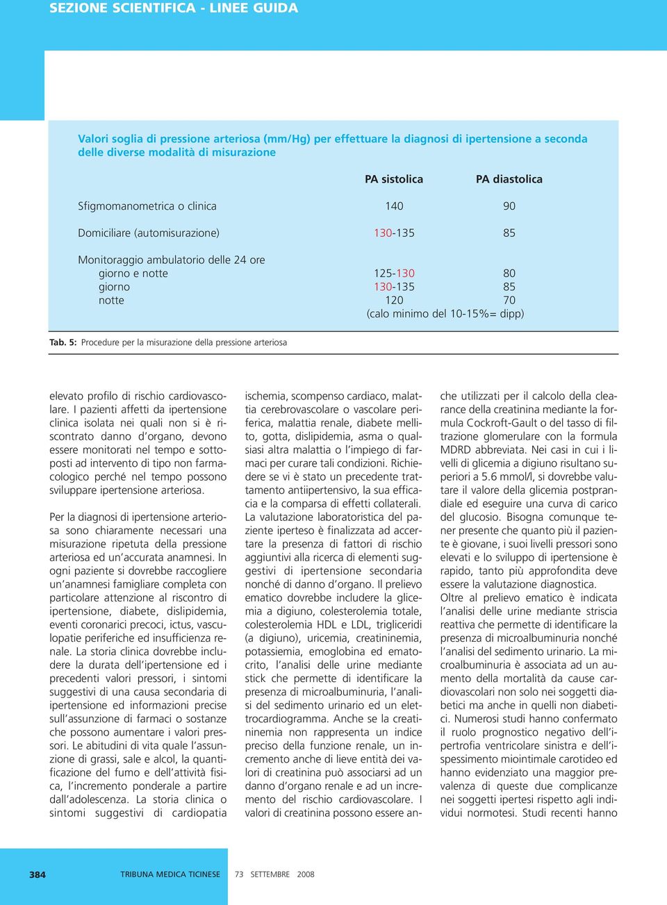 dipp) Tab. 5: Procedure per la misurazione della pressione arteriosa elevato profilo di rischio cardiovascolare.