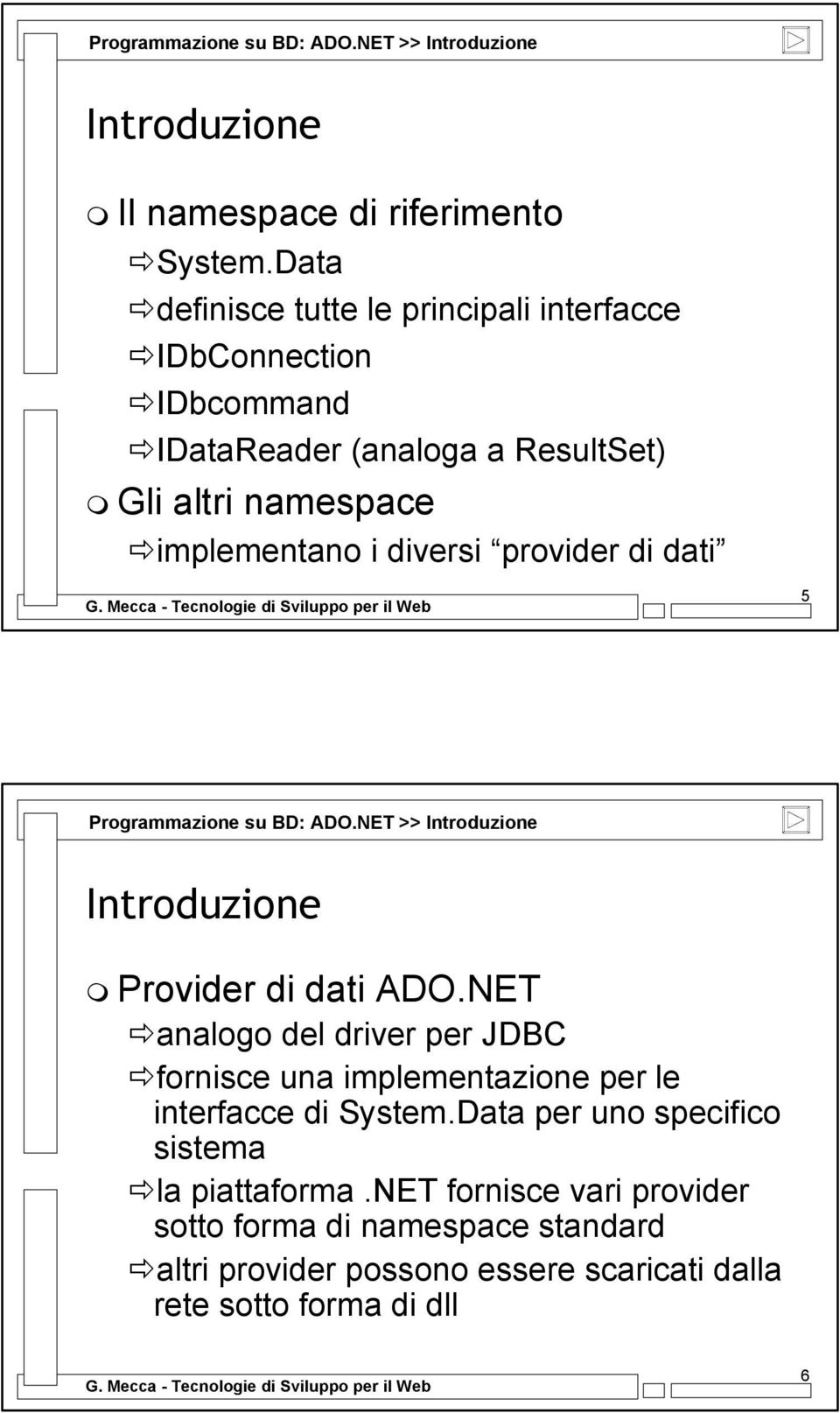 provider di dati 5 Programmazione su BD: ADO.NET >> Introduzione Introduzione Provider di dati ADO.