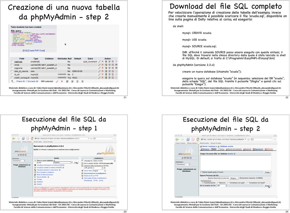 sql; (NB: affinché il comando SOURCE possa essere eseguito con questa sintassi, il file SQL deve trovarsi nella stessa directory dalla quale è stata lanciata la shell di MySQL.