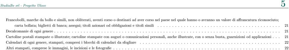 ............................................................................ 21 Cartoline postali stampate o illustrate; cartoline stampate con auguri o comunicazioni personali, anche illustrate, con o senza busta, guarnizioni od applicazioni.